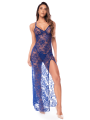 Robe longue transparente bleu royal en dentelle avec dos croisé et fente haute - Mapalé
