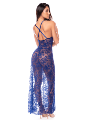 Robe longue transparente bleu royal en dentelle avec dos croisé et fente haute - Mapalé