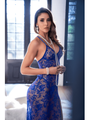 Robe longue transparente bleu royal en dentelle avec dos croisé et fente haute - Mapalé