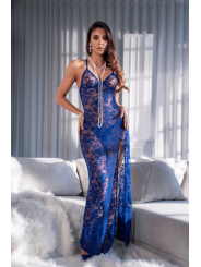 Robe longue transparente bleu royal en dentelle avec dos croisé et fente haute - Mapalé