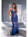 Robe longue transparente bleu royal en dentelle avec dos croisé et fente haute - Mapalé