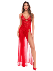 Robe longue transparente rouge en dentelle et résille avec string - Mapalé