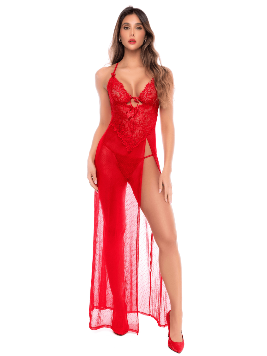 Robe longue transparente rouge en dentelle et résille avec string - Mapalé