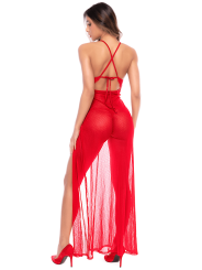 Robe longue transparente rouge en dentelle et résille avec string - Mapalé