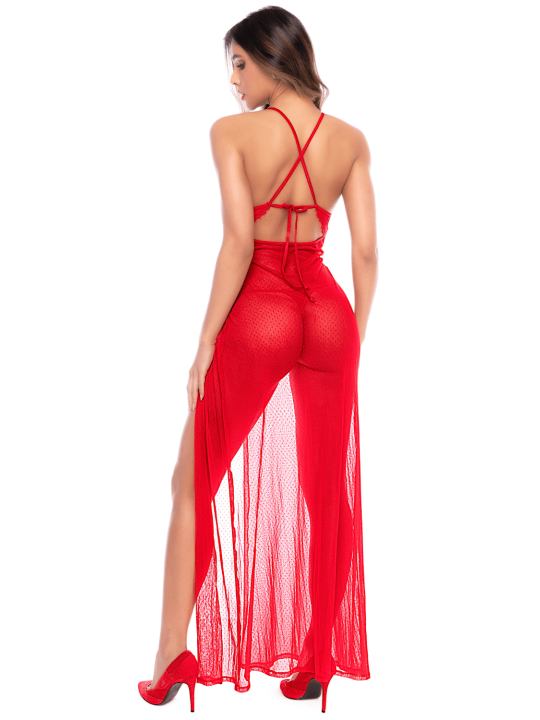 Robe longue transparente rouge en dentelle et résille avec string - Mapalé