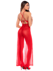 Robe longue transparente rouge en dentelle et résille avec string - Mapalé