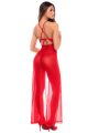 Robe longue transparente rouge en dentelle et résille avec string - Mapalé
