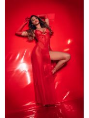 Robe longue transparente rouge en dentelle et résille avec string - Mapalé