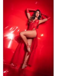 Robe longue transparente rouge en dentelle et résille avec string - Mapalé