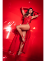 Robe longue transparente rouge en dentelle et résille avec string - Mapalé
