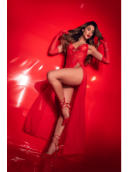 Robe longue transparente rouge en dentelle et résille avec string - Mapalé