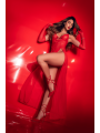 Robe longue transparente rouge en dentelle et résille avec string - Mapalé