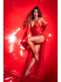 Robe longue transparente rouge en dentelle et résille avec string - Mapalé