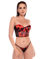 Ensemble 2 pièces noir et rouge avec corset sans bretelles imprimé et string - Mapalé