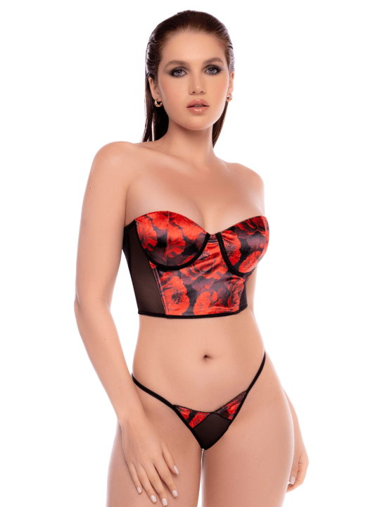 Ensemble 2 pièces noir et rouge avec corset sans bretelles imprimé et string - Mapalé