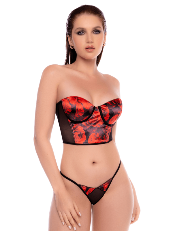 Ensemble 2 pièces noir et rouge avec corset sans bretelles imprimé et string - Mapalé