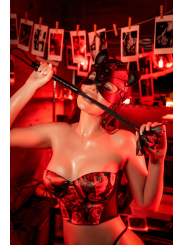 Ensemble 2 pièces noir et rouge avec corset sans bretelles imprimé et string - Mapalé