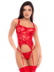 Ensemble 2 pièces rouge avec bustier en dentelle et jarretelles - Mapalé