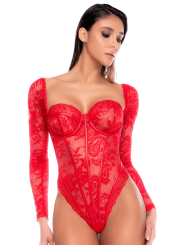 Body rouge à manches longues en dentelle avec armatures - Mapalé
