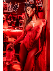 Body rouge à manches longues en dentelle avec armatures - Mapalé