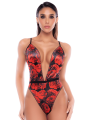 Body noir et rouge en résille transparente avec imprimé et décolleté plongeant - Mapalé