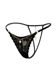 String noir en dentelle avec bijou et chaîne dorée - PM06G-BBLK