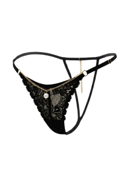String noir en dentelle avec bijou et chaîne dorée - PM06G-BBLK