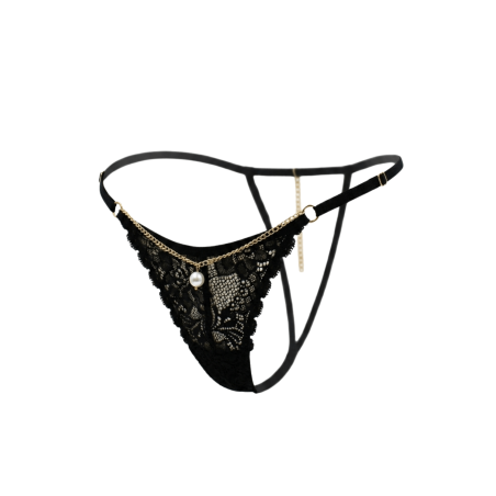 String noir en dentelle avec bijou et chaîne dorée - PM06G-BBLK