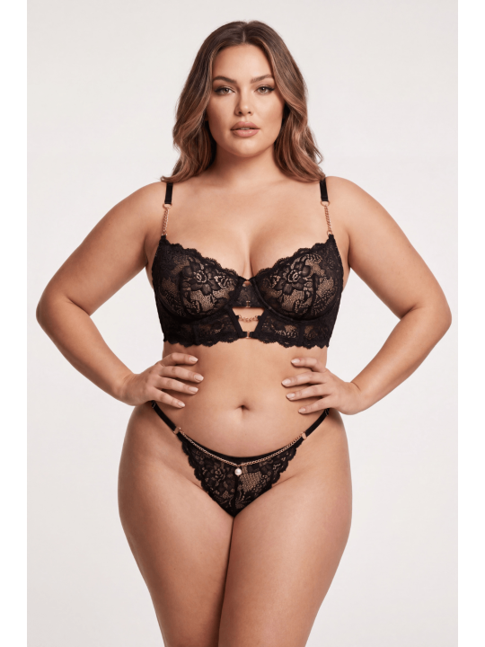 String noir en dentelle avec bijou et chaîne dorée - PM06G-BBLK