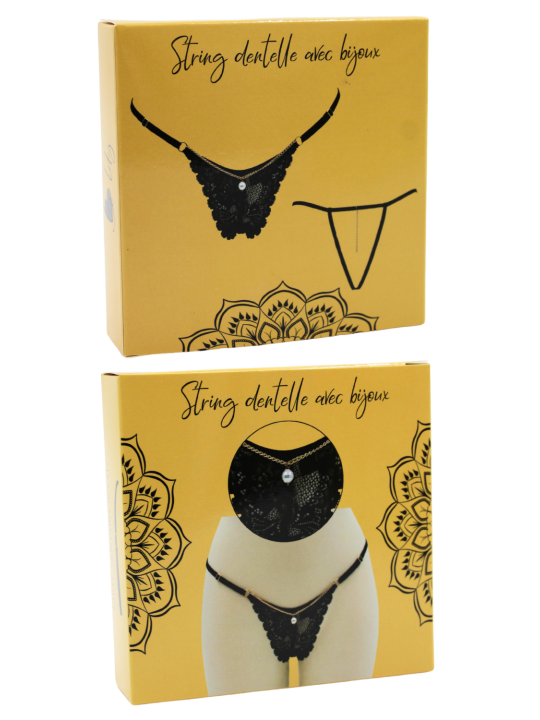 String noir en dentelle avec bijou et chaîne dorée - PM06G-BBLK