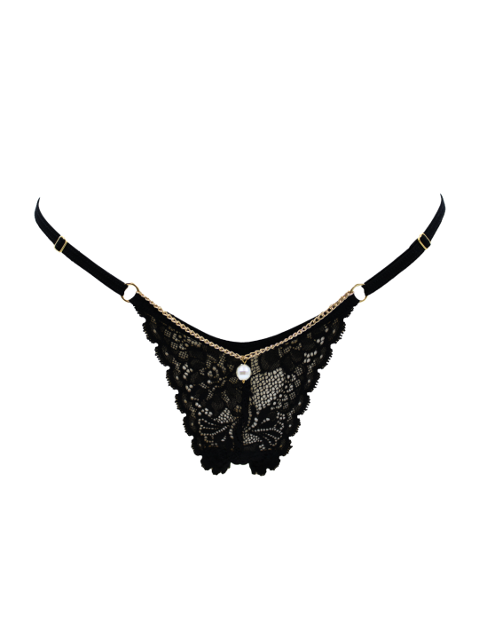 String noir en dentelle avec bijou et chaîne dorée - PM06G-BBLK