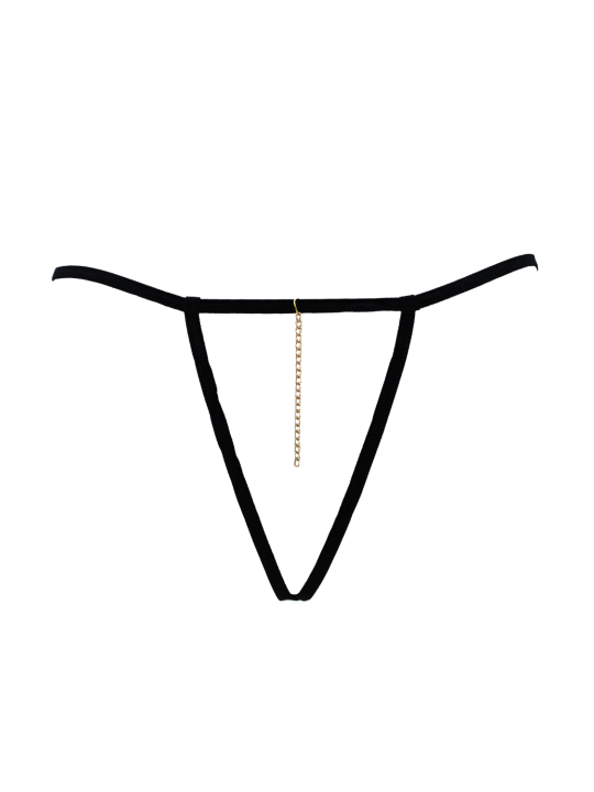 String noir en dentelle avec bijou et chaîne dorée - PM06G-BBLK