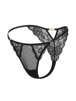Tanga noir en dentelle avec bijou losanges dorés - PM01GBLK