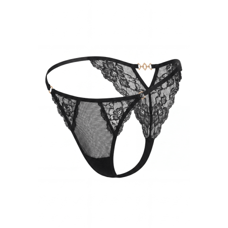 Tanga noir en dentelle avec bijou losanges dorés - PM01GBLK