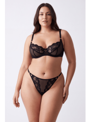 Tanga noir en dentelle avec bijou losanges dorés - PM01GBLK