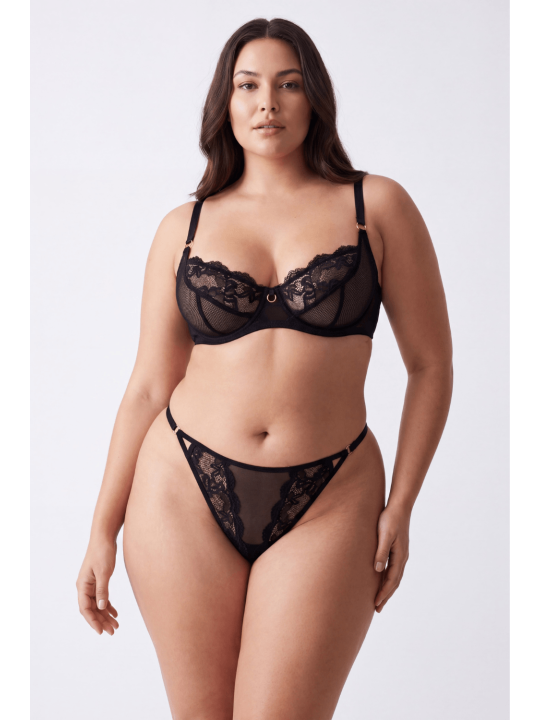 Tanga noir en dentelle avec bijou losanges dorés - PM01GBLK