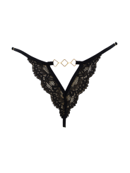 Tanga noir en dentelle avec bijou losanges dorés - PM01GBLK