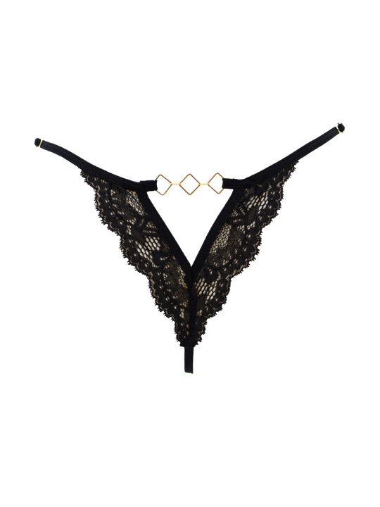 Tanga noir en dentelle avec bijou losanges dorés - PM01GBLK