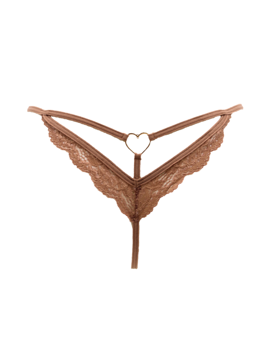 String taupe en dentelle avec bijou cœur doré - PA02MBRW