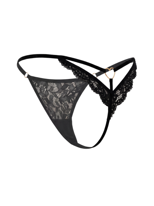 String noir en dentelle avec bijou cœur doré - PA02MBLK