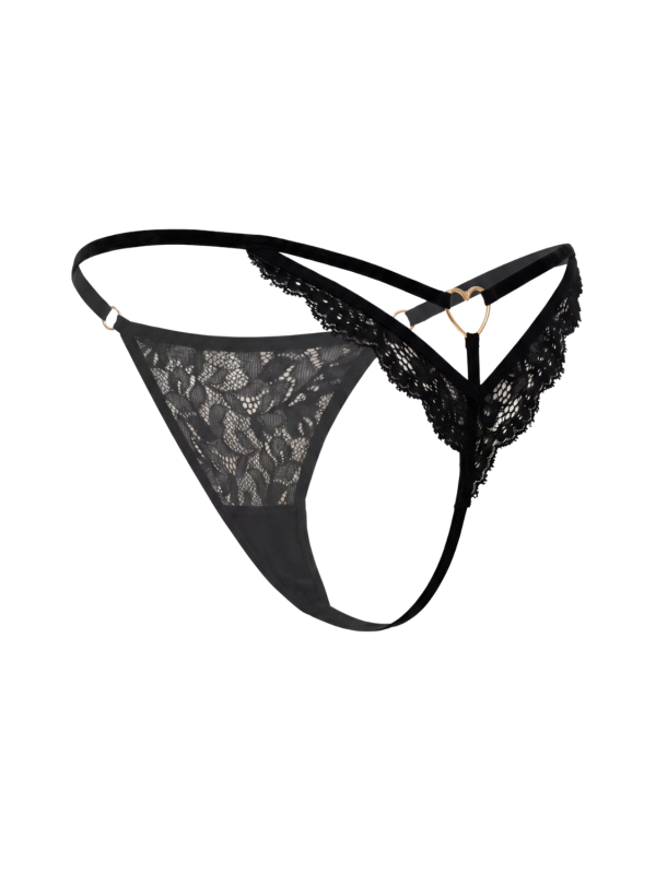 String noir en dentelle avec bijou cœur doré - PA02MBLK