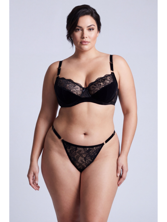 String noir en dentelle avec bijou cœur doré - PA02MBLK