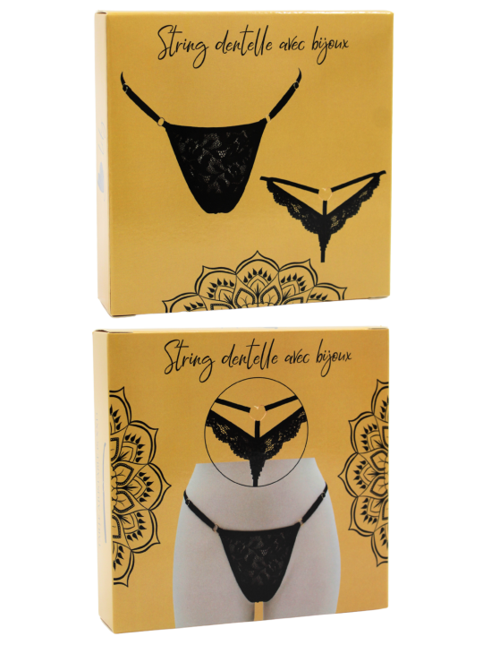 String noir en dentelle avec bijou cœur doré - PA02MBLK