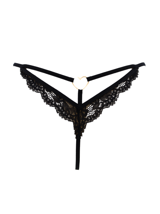 String noir en dentelle avec bijou cœur doré - PA02MBLK