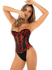 Corset bustier sans bretelles brodé noir et rouge avec laçage dos - Mapalé