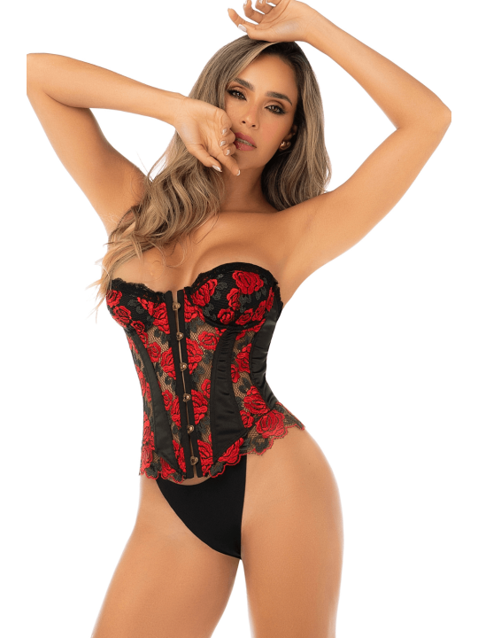 Corset bustier sans bretelles brodé noir et rouge avec laçage dos - Mapalé