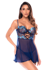 Nuisette transparente bleu poppy avec bonnets brodés, laçage et string - Mapalé
