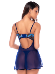 Nuisette transparente bleu poppy avec bonnets brodés, laçage et string - Mapalé
