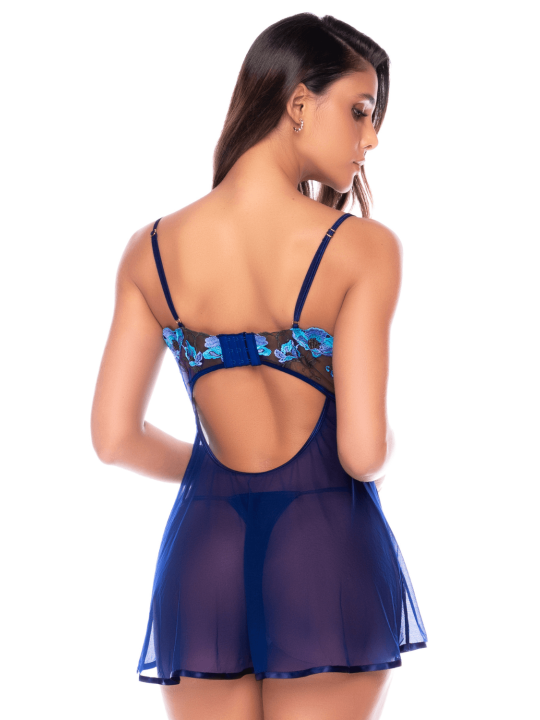Nuisette transparente bleu poppy avec bonnets brodés, laçage et string - Mapalé