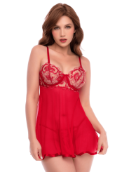 Nuisette transparente rouge rubis avec bonnets brodés à armatures et string - Mapalé
